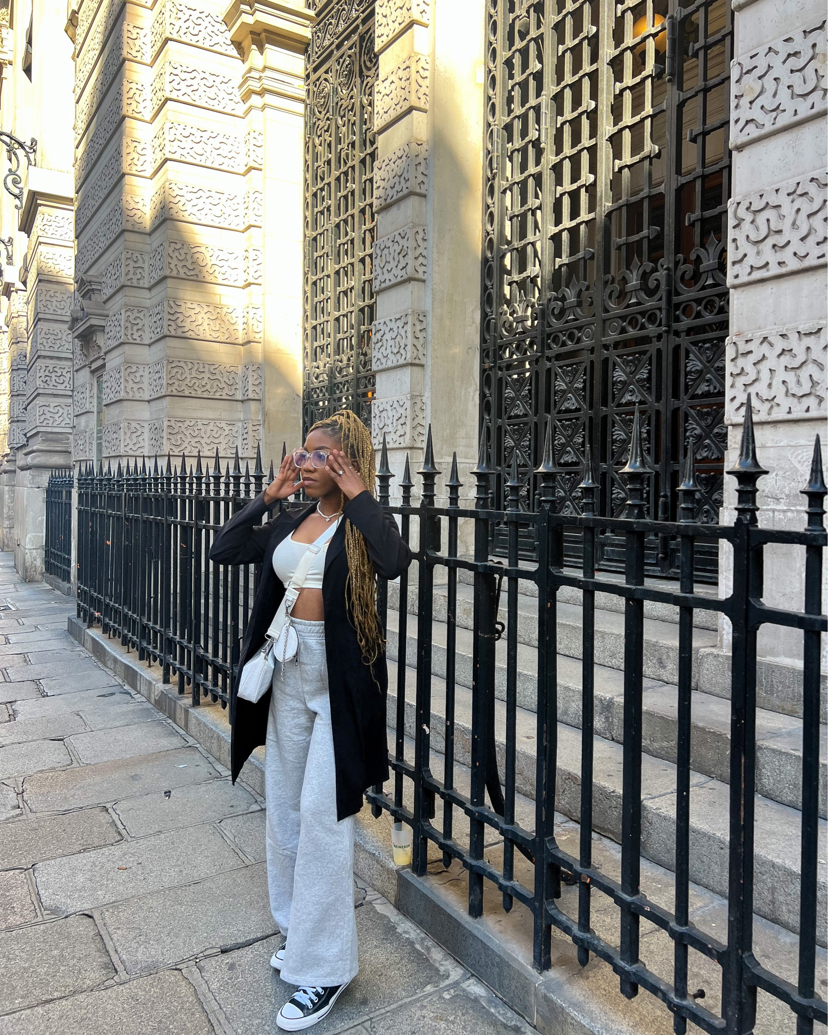 Paris Outfit Inspiration | Petite Girl Fall Outfit Style | Thrifted black trenchcoat, H&M grey wide leg jogger sweatpants petite girl friendly, SHEIN basic white long sleeve top, SHEIN clear glasses and white trendy crossbody bag. Paired with the OG’s black Converse Chuck Taylor

#LTKeurope #LTKtravel #LTKSeasonal