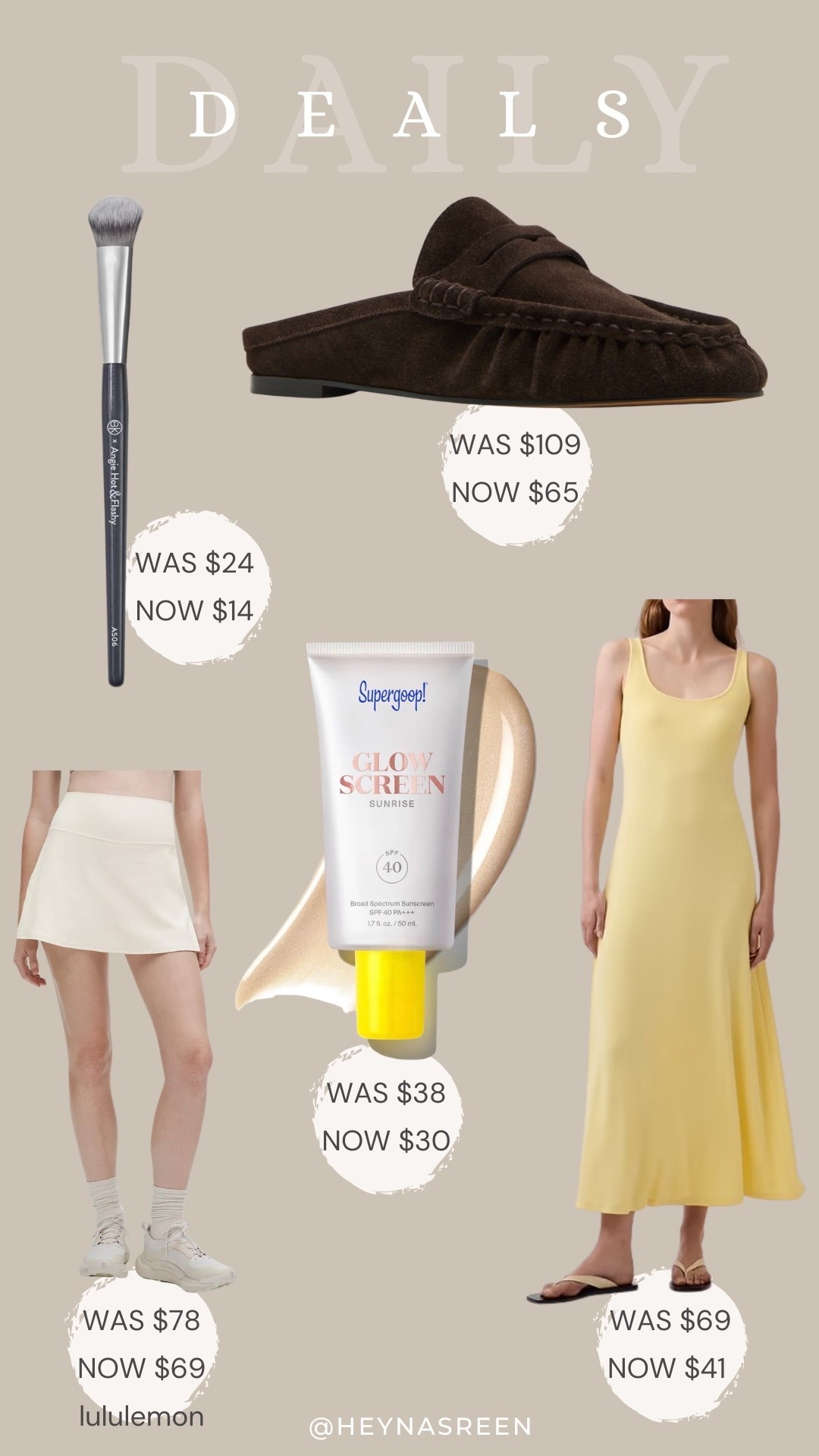 Daily deals on BK Beauty brush, Steve Madden mules, Gap dress, Supergoop glowscreen, lululemon skirt