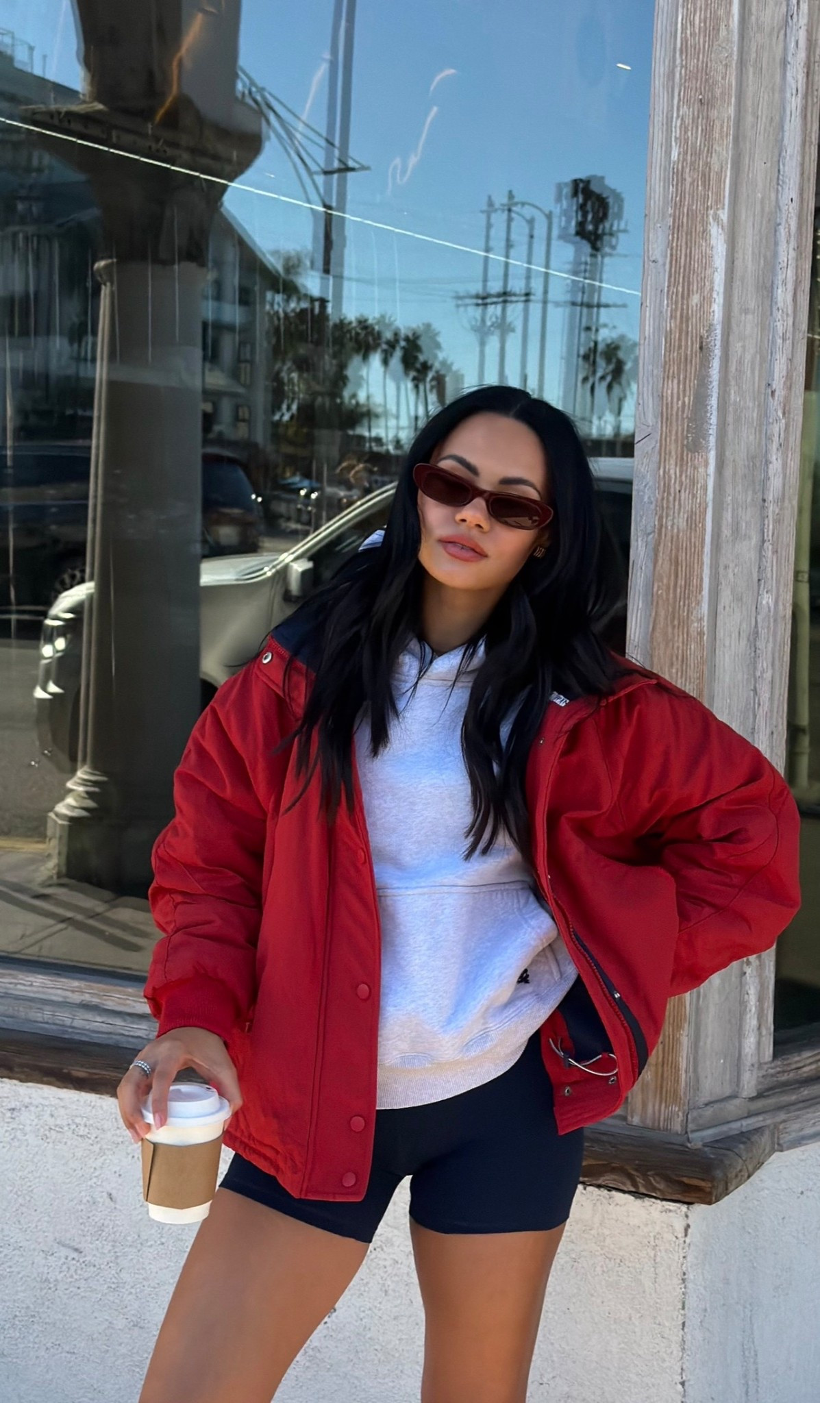 Free People red jacket + blue biker shorts and burgundy sports bra + gray hoodie 

#LTKootd #LTKGiftGuide #LTKdayinmylife
