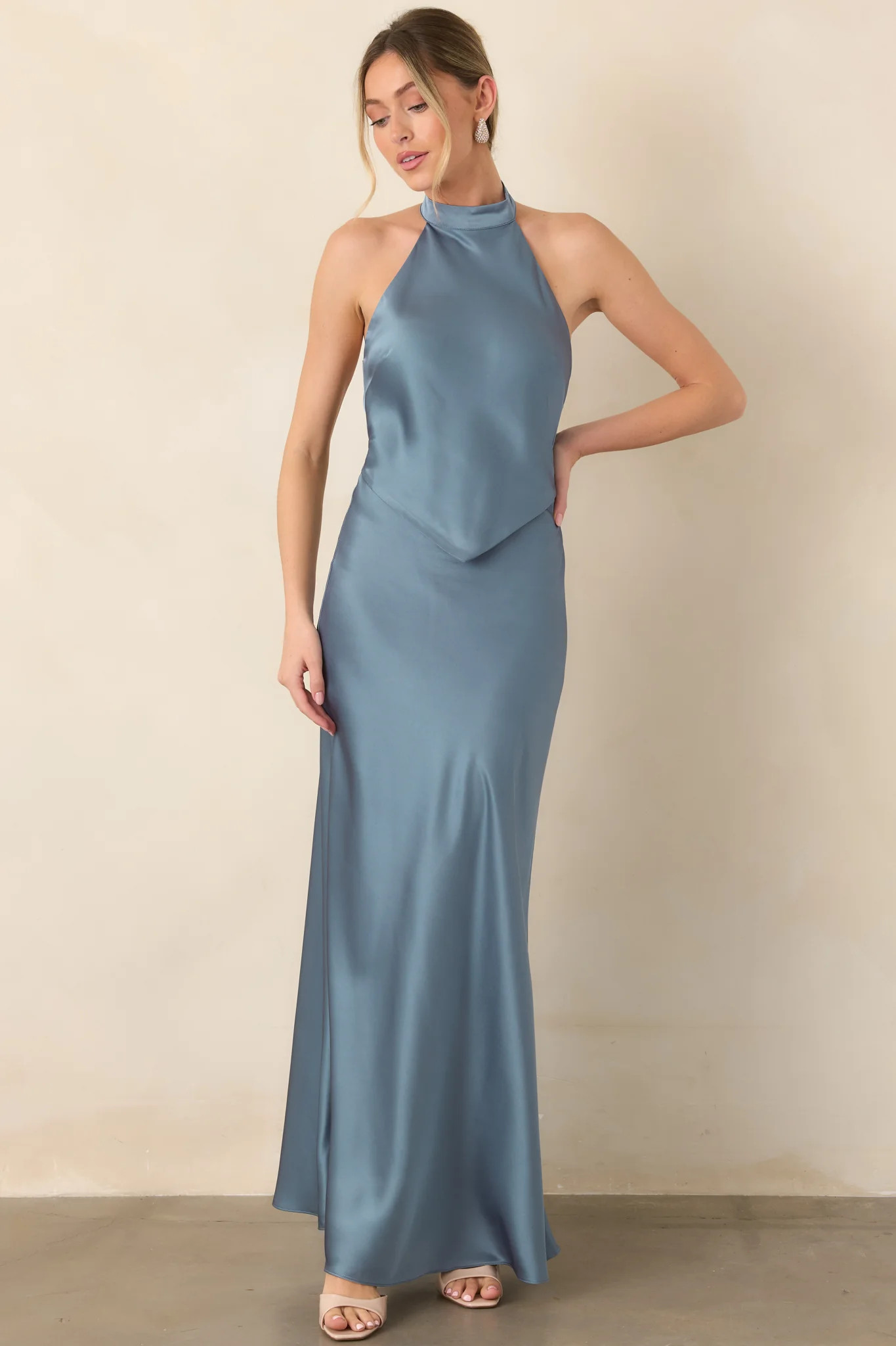 ASTR the Label Viridiana Steel Blue Satin Halter Maxi Dress | Red Dress