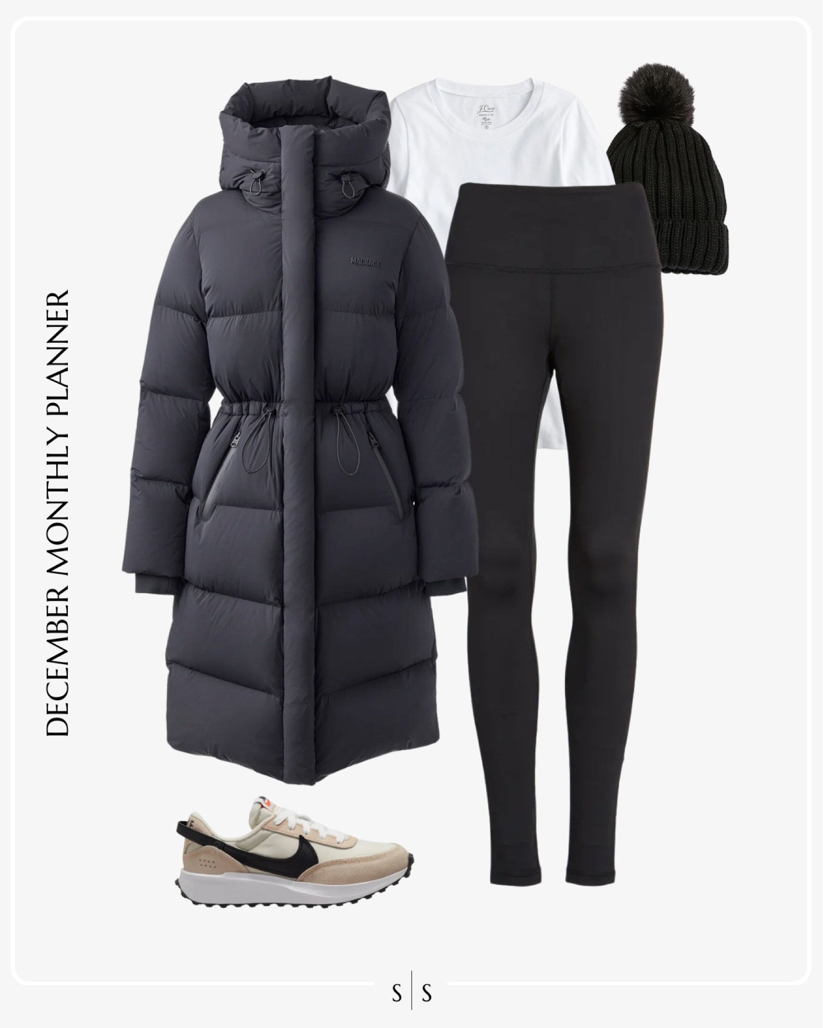 Monthly outfit planner: DECEMBER: Winter looks | puffer long coat, black legging, long sleeve basic white tee, pom beanie, sneaker, weekend wear, athleisure, activewear 

See the entire calendar on thesarahstories.com ✨ 

#LTKstyletip #LTKfitness
