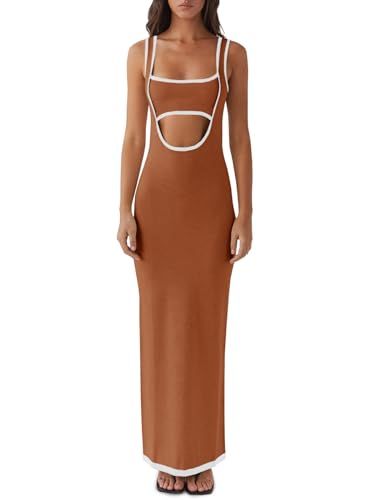 Fisoew Women's Sexy Cut Out Maxi Dress Backless Contrast Color Sleeveless Party Cocktail Bodycon ... | Amazon (US)