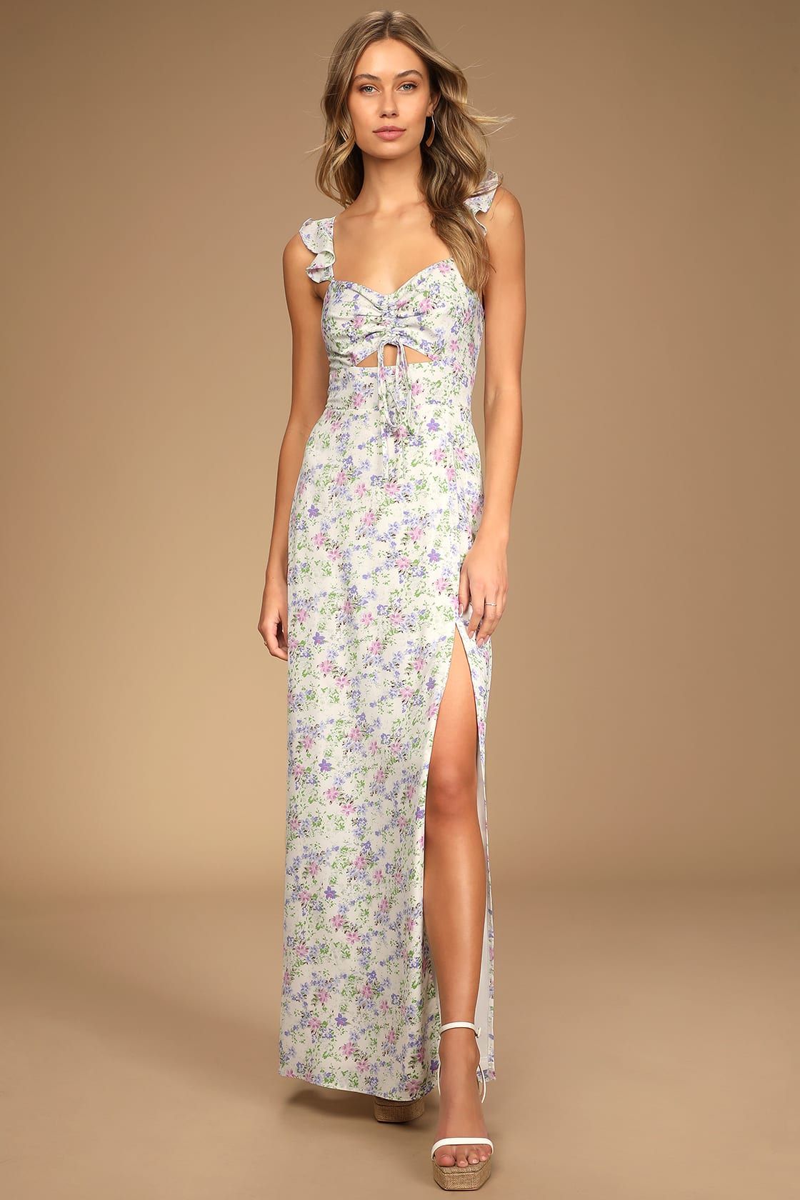 The Way to Love Ivory Floral Print Ruffled Maxi Dress | Lulus (US)