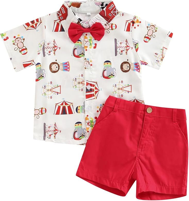 Rtnnsbbfcm Toddler Baby Boy Summer Clothes Short Sleeve Cartoon Print Bow Tie Shirt Top Shorts 2P... | Amazon (US)