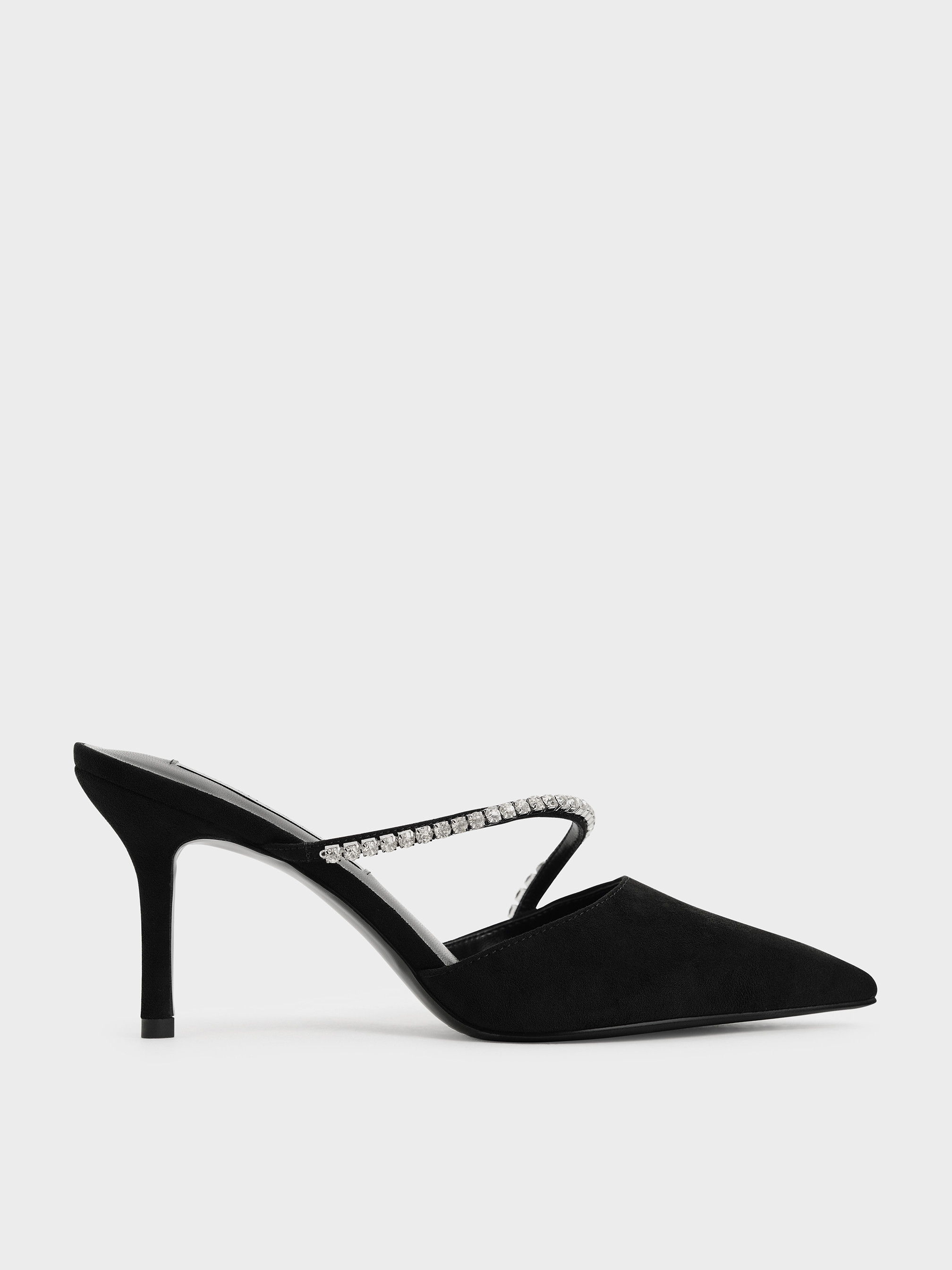 Gem-Encrusted Textured Stiletto Mules
 - Black | Charles & Keith UK