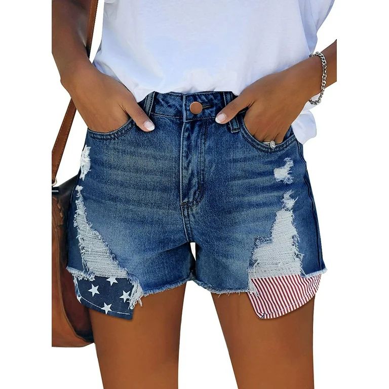 ONLYSHE Women's Casual High Waisted Jean Shorts 4 Pockets Summer Stretchy Raw Hem Ripped Denim Je... | Walmart (US)