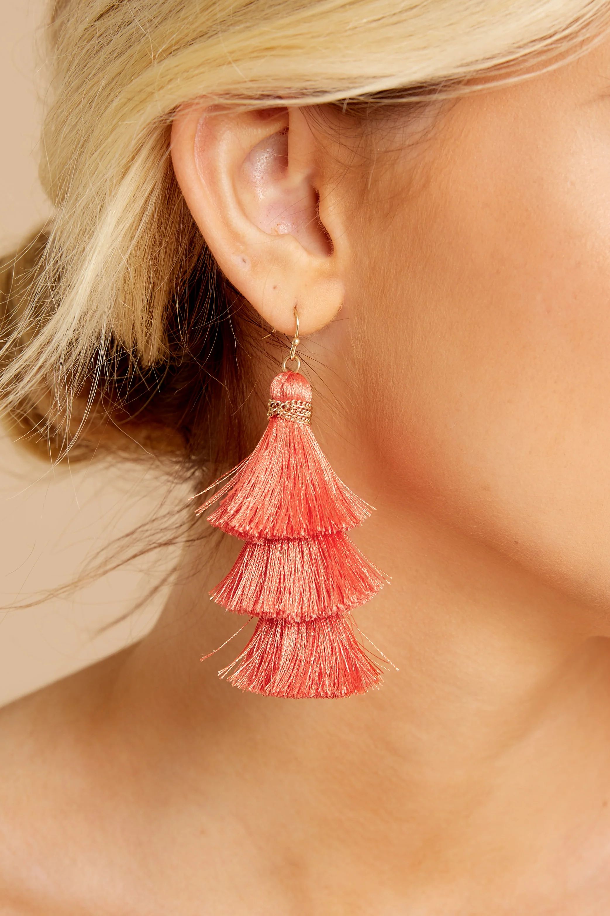 The Last Moment Coral Pink Tassel Earrings | Red Dress 