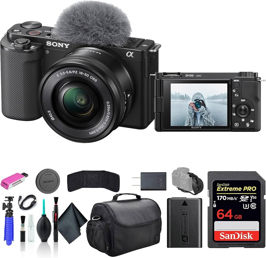Sony ZV-E10 Mirrorless Camera with 16-50mm Lens Black ILCZV-E10L/B, 64GB Memory Card, Bag, Card R... | Amazon (US)