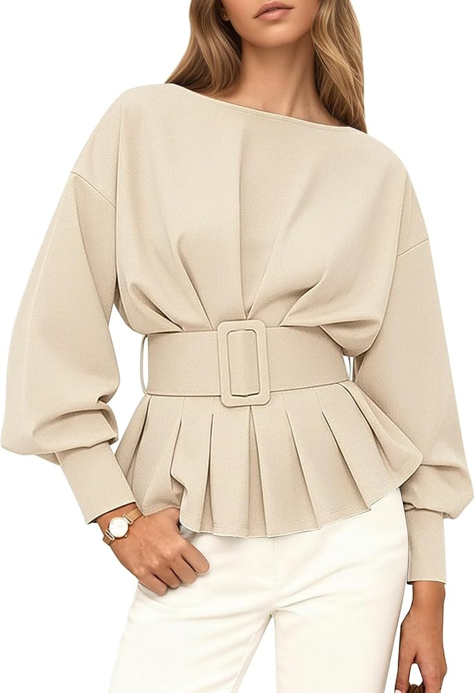Boat Neck Long Sleeve Shirts Tops for Women Slim Fit Crew Neck Ruffle Pullover Sweatshirt Fall Pe... | Amazon (US)