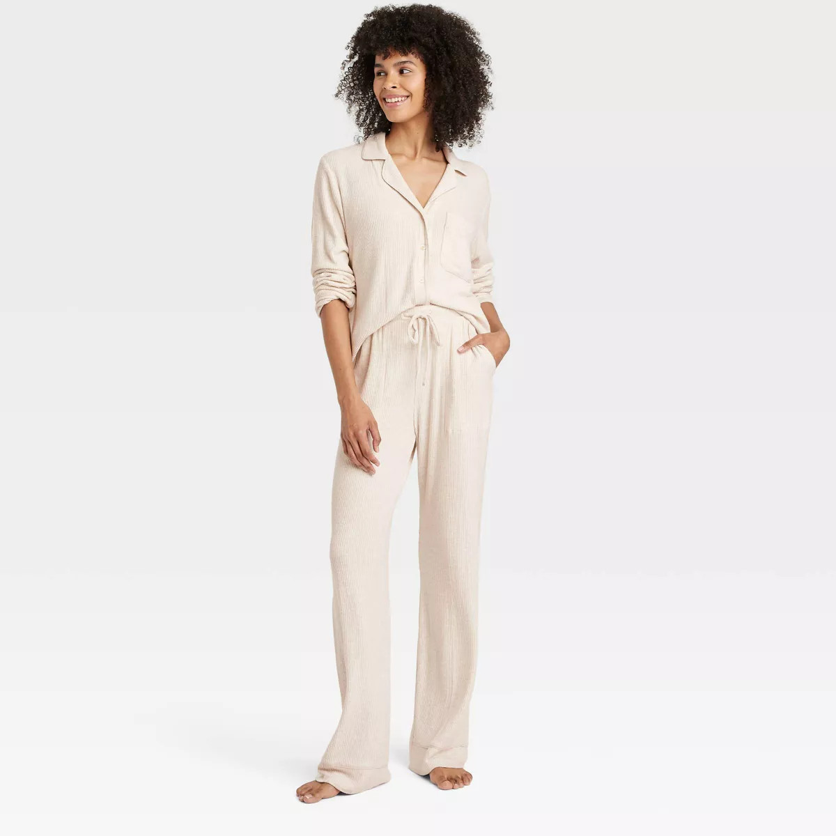 Women's Cozy Ribbed Long Sleeve Notch Collar Shirt and Pants Pajama Set - Auden™ | Target