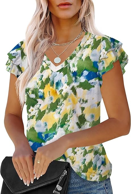 LUYAA Women's Ruffle Short Sleeve Tunic Tops V Neck Knit Ribbed T Shirts Blouses | Amazon (US)