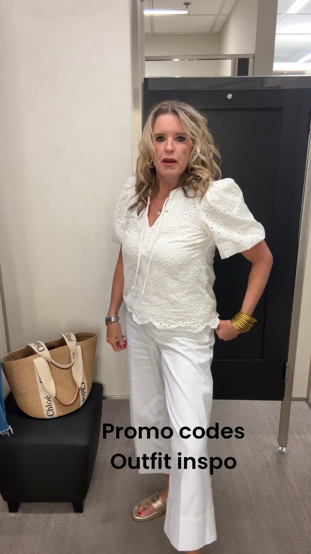 🚨 promo codes 
Outfit of the day!!

All white outfit with a pop of metallic

Jack Rodgers new metallic sport sandals tts

Gibsonlook white eyelet top with puff sleeves  tts I am in a smalll
Save 10% with code DARCY10 

Spanx
White new twill trousers with side  zip pocket and tummy support panel tts I am in a med
Save 15% with code Deardarcyxspanx 

Budha girl all weather bracelets 
