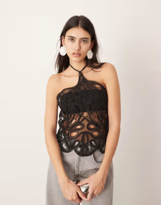 ASOS EDITION embroidered halterneck top with cut work in black | ASOS (Global)