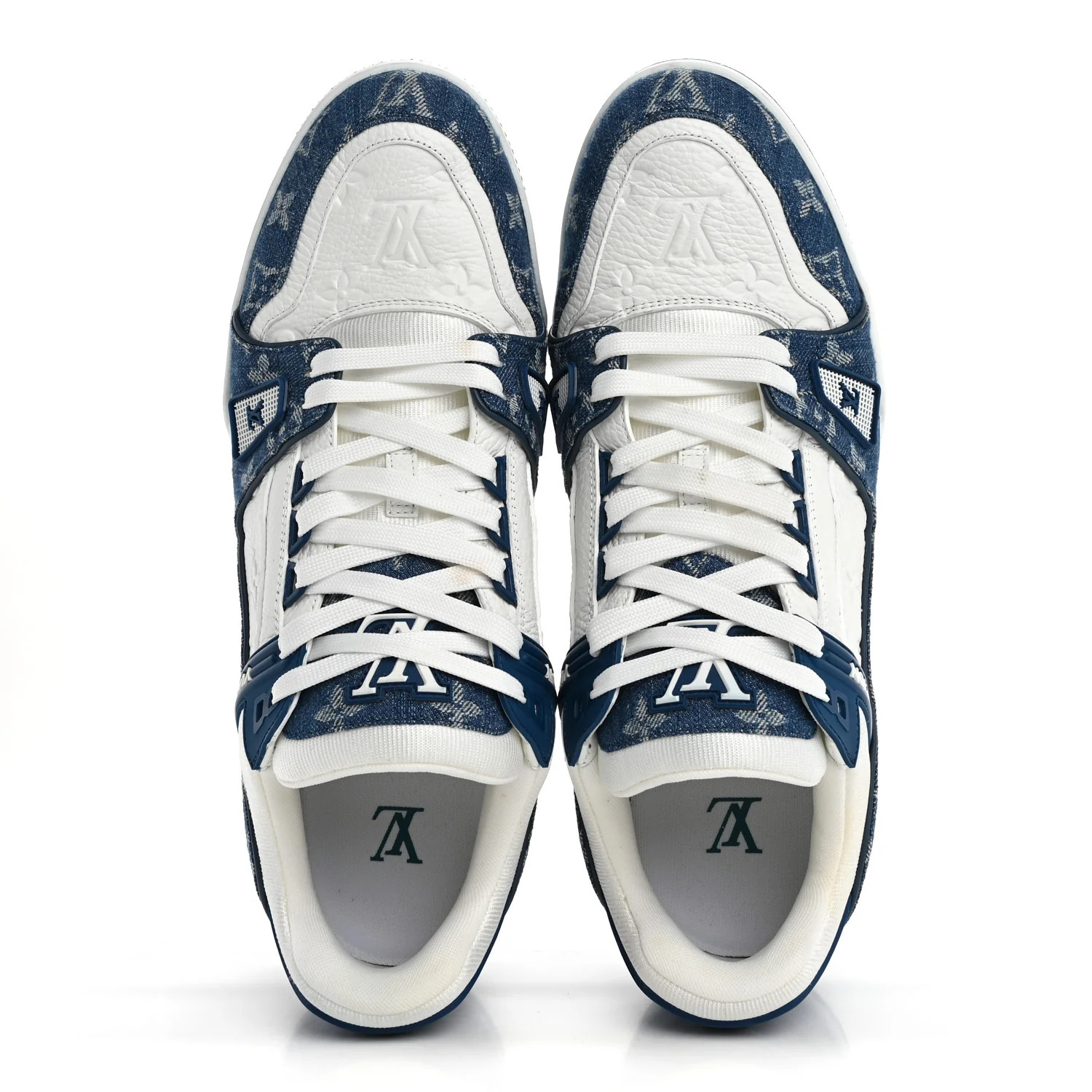 Calfskin Embossed Monogram Denim Mens LV Trainer Sneakers 11 Blue | FASHIONPHILE (US)