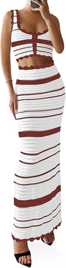 Saodimallsu Womens 2 Piece Sets Summer Striped Crochet Knit Coverup Sleeveless Button Crop Tank T... | Amazon (US)