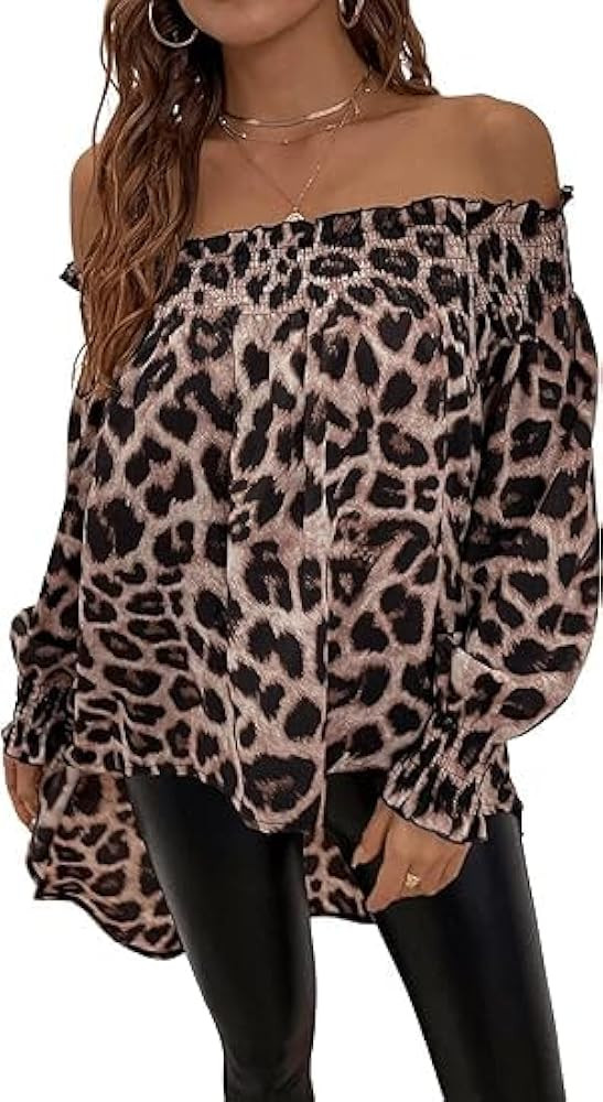 Floerns Women's Leopard Print Off Shoulder Long Sleeve High Low Blouses Tops | Amazon (US)