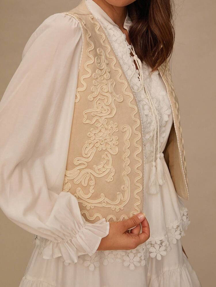 Enchnt Fall/Winter Romantic Women's Boho Chic Suede Apricot Embroidered Open Front Vest Jacket,Sw... | SHEIN