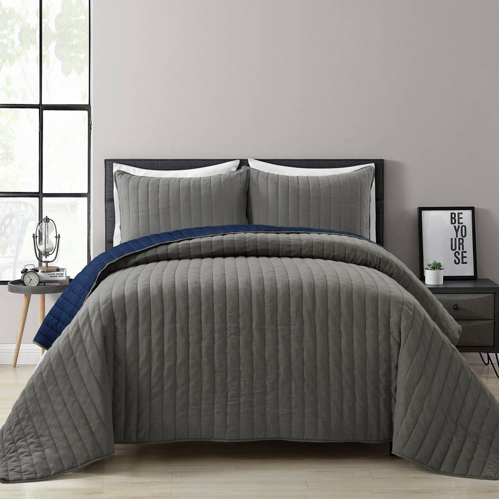 Full/Queen 3pc Soft Stripe All Season Quilted/Coverlet Set Gray/Navy - Lush Décor | Target
