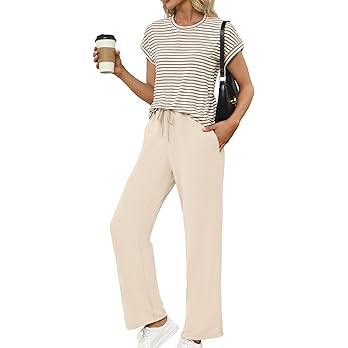 Glamaker Women's 2 Piece Sets Striped Summer Outfits Short Sleeve Shirts Wide Leg Pants Casual Lo... | Amazon (US)