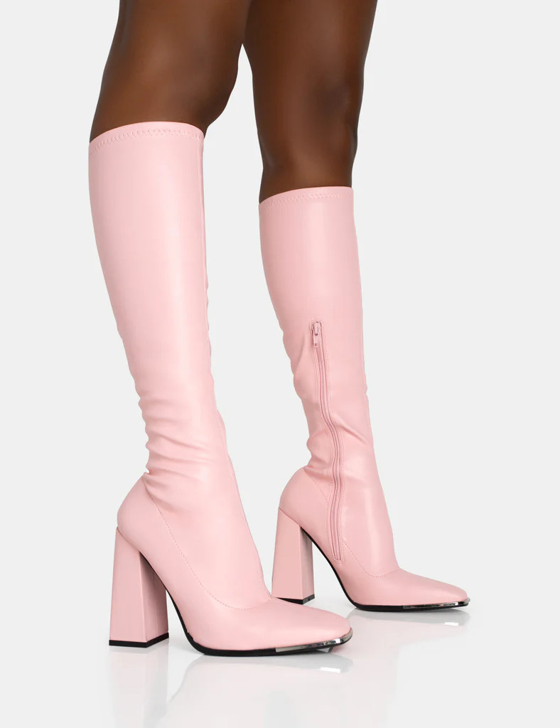 Caryn Baby Pink Pu Knee High Block Heeled Boots | Public Desire
