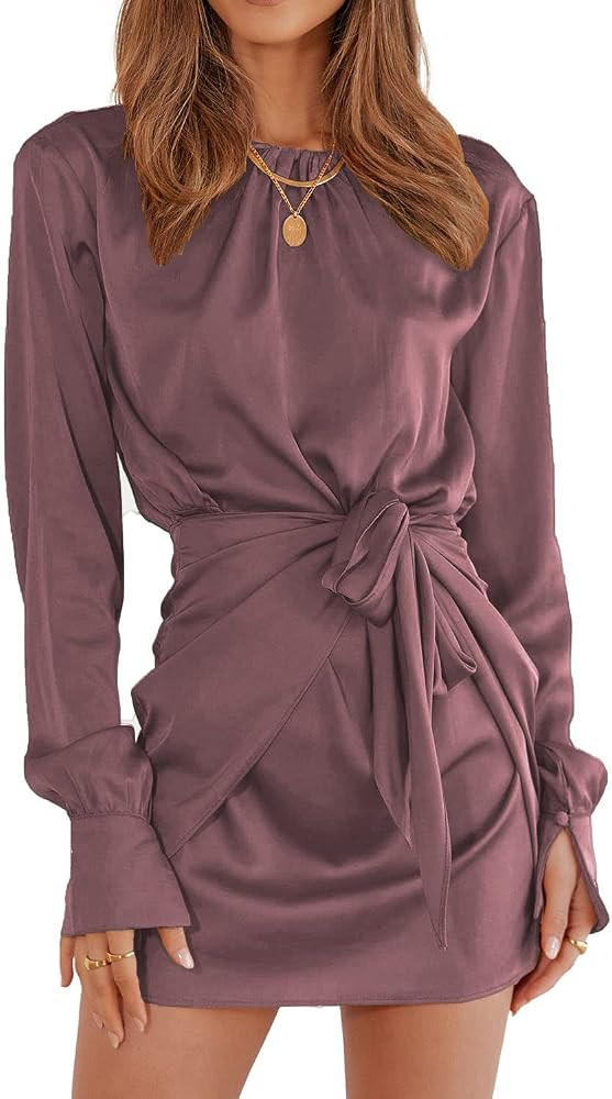 BTFBM Women Casual Long Sleeve Ruched Wrap Dress Crew Neck Tie Waist Short Dresses Solid Party Dress | Amazon (US)