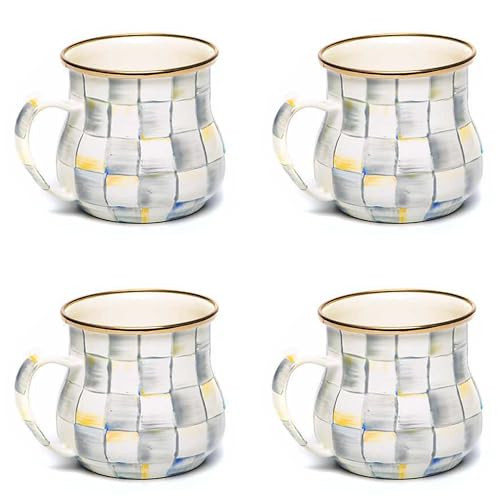 MACKENZIE-CHILDS Enamel Mug, Cute Enamelware Coffee and Tea Mug, Unique Drinkware, 16 Ounces, Gray-and-White Sterling Check, Set of 4 | Amazon (US)