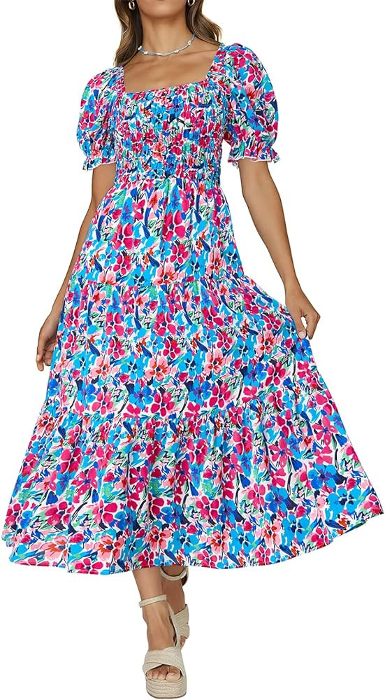 PRETTYGARDEN Women's Boho Floral Print Summer Dresses Square Neck Puff Sleeve A Line Long Dress S... | Amazon (US)