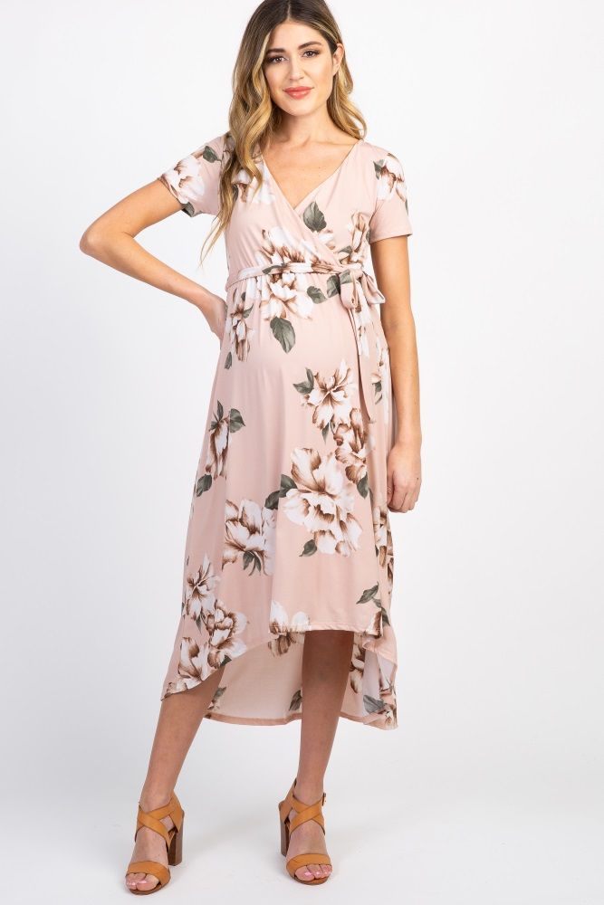 Light Pink Floral Hi Low Midi Maternity/Nursing Dress | PinkBlush Maternity