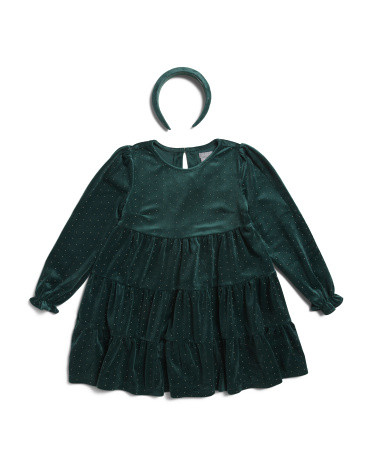 Long Sleeve Foil Dot Velour Dress With Headband | TJ Maxx