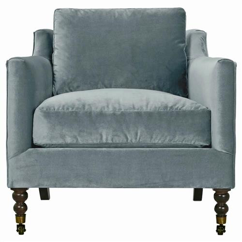 Madeline French Slate Blue Upholstered Brown Wood Brass Casters Arm Chair | Kathy Kuo Home