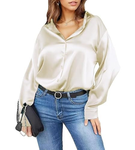 Damipow Satin Silk Button Down Shirts for Women Dress Shirts Long Sleeve Blouses Womens Shirt,Pearl White,S | Amazon (US)