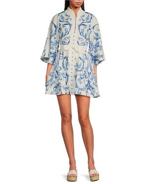 Carmen Floral Print Mandarin Collar 3/4 Full Sleeve Tie-Waist Mini A-Line Dress | Dillard's