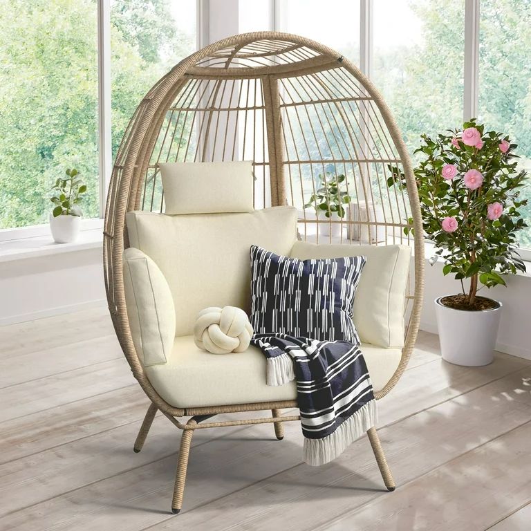 DWVO Wicker Egg Chair, Oversized Indoor Outdoor Lounger for Patio, Backyard, Living Room, Beige | Walmart (US)