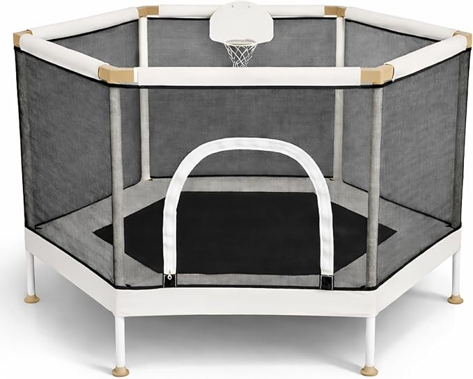 Kids Trampoline, Aesthetic Indoor and Outdoor Toddler Trampoline with Safety Net, Basketball Hoop... | Amazon (US)