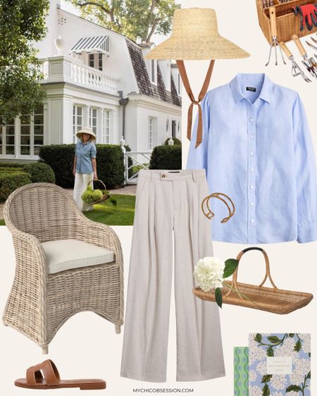 Spring summer gardening coastal grandmother mood board inspiration: sandals, straw hat, gold cuff bracelet, blue button down, linen pants 

#LTKSeasonal