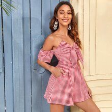 Tie Front Cold Shoulder Gingham Romper | SHEIN