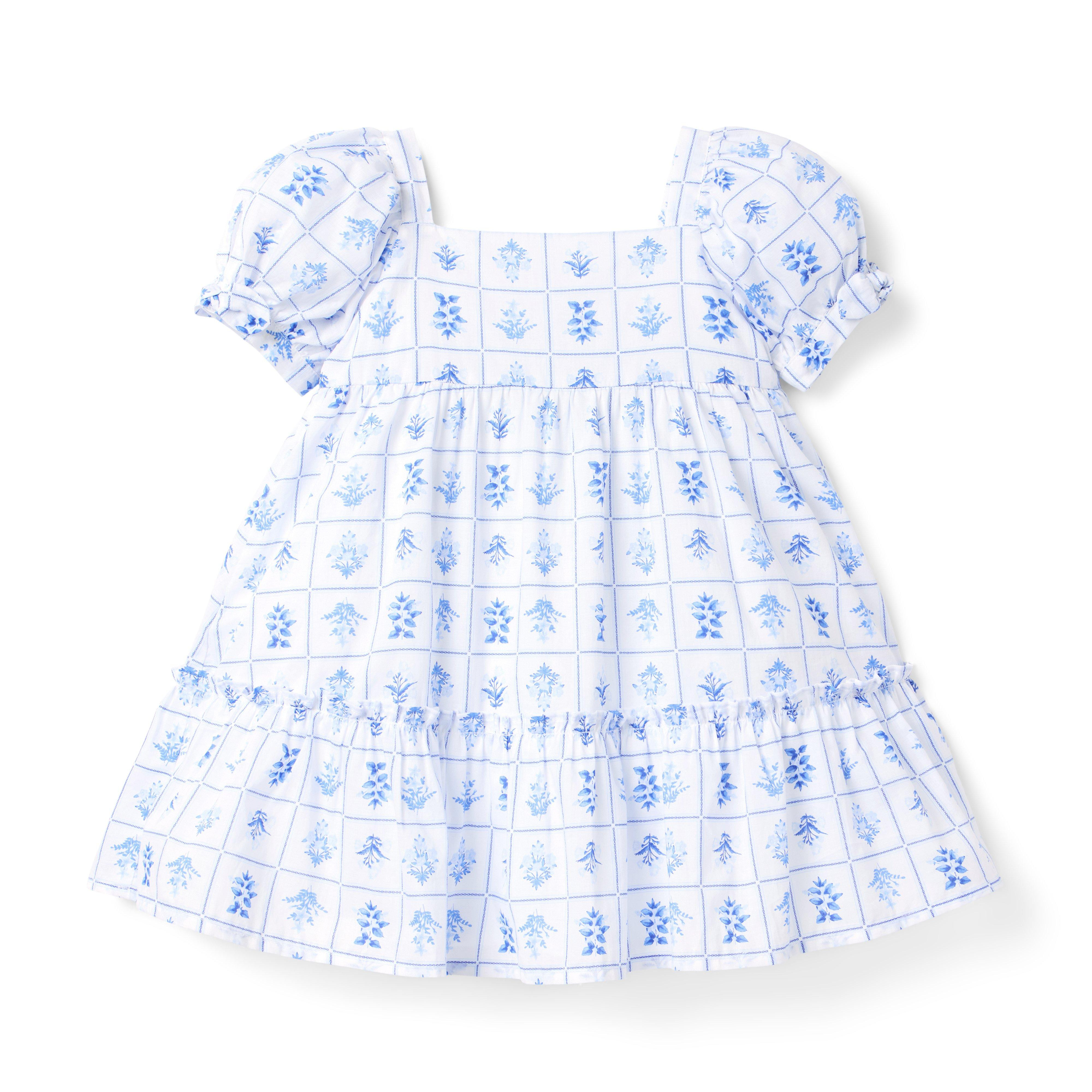 Janie and Jack | Floral Tile Puff Sleeve Dress - Blue / 5 | Janie and Jack