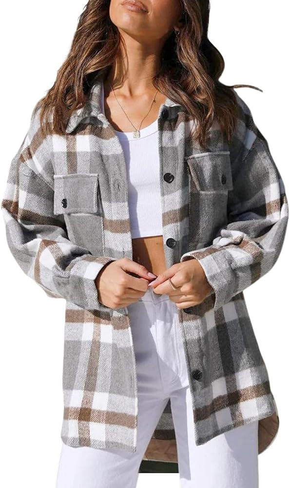 Hooever Women's Plaid Flannel Shirts Shacket Pockets Brushed Button Down Jacket Coat (DarkGrey, S... | Amazon (US)
