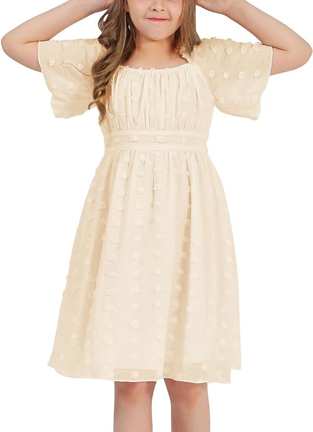 EXLURA Girls 2024 Summer Dresses Short Sleeve Swiss Dot Square Neck Flowy A Line Kids Dress Casua... | Amazon (US)