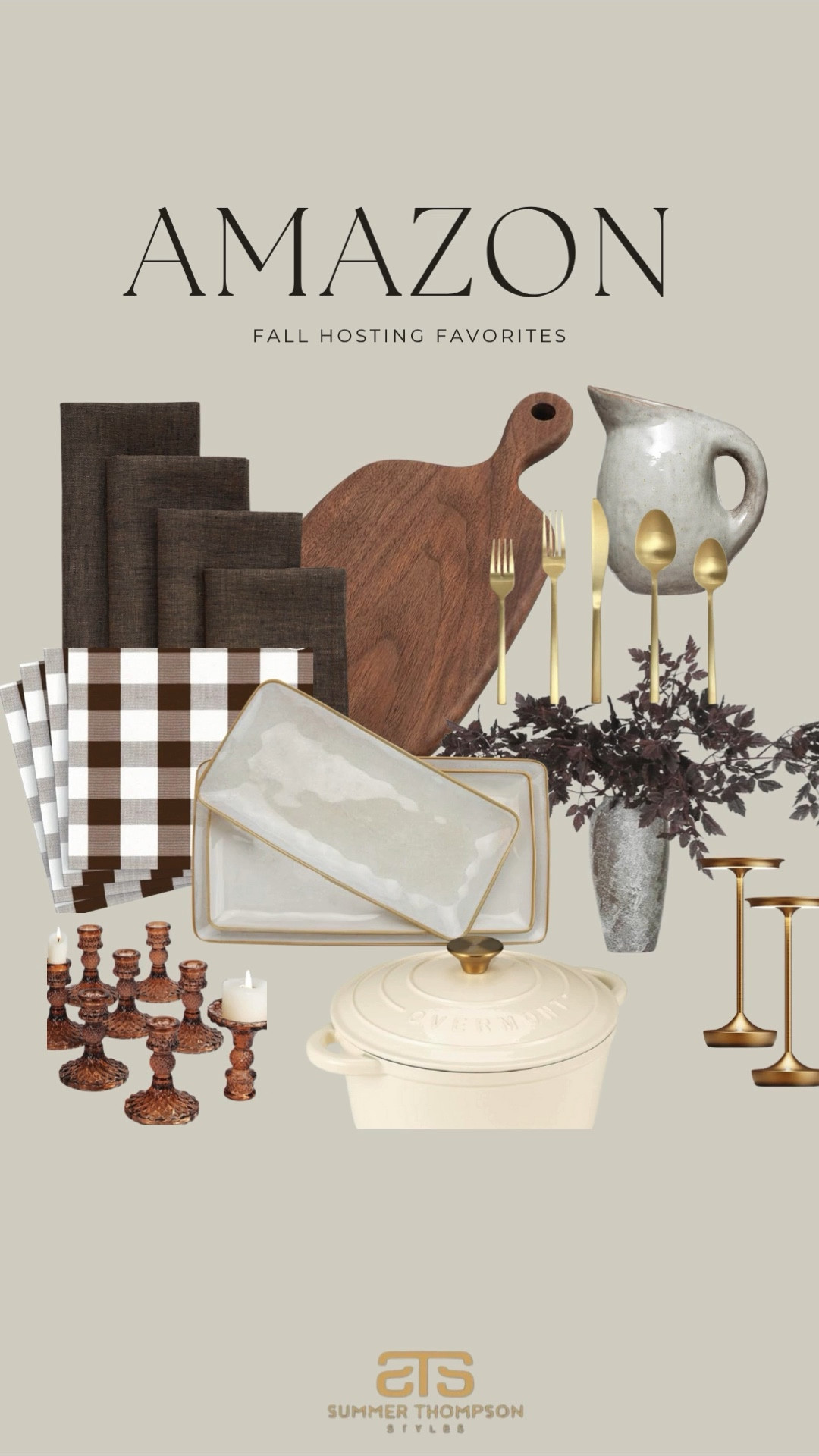 Neutral hosting pieces I’m loving for fall.

Brown napkins. Checkered napkins. Wood board. Gold flatware. Stone vase. Ceramic pitcher. Serving dishes. Candleholders. Dutch oven.

#FallHosting #TablescapeIdeas #HomeEntertaining #CozyFallHome #SeasonalInspo

#LTKHome #LTKStyleTip #LTKHoliday
