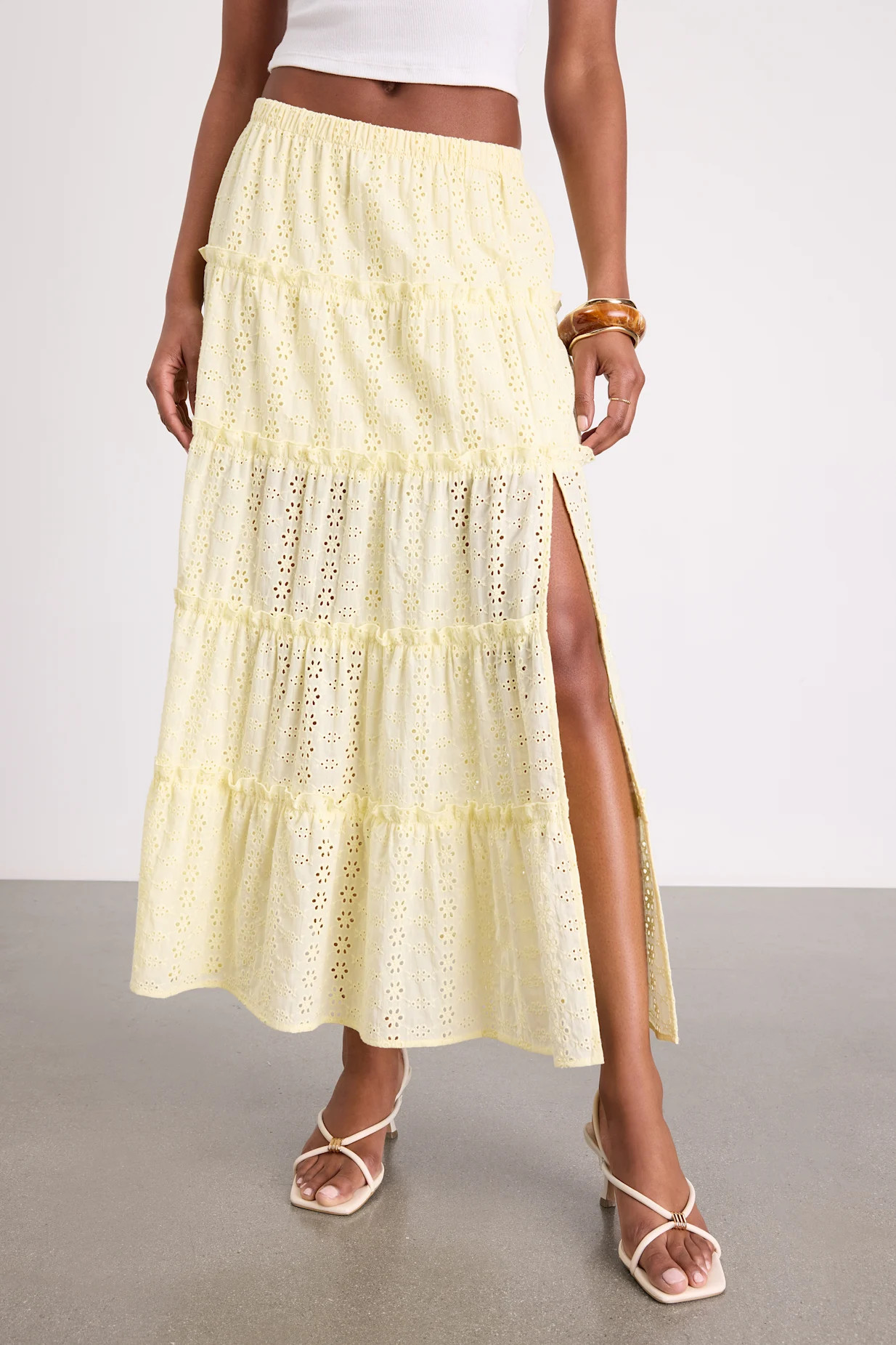 Cherish Light Yellow Eyelet Embroidered Tiered Maxi Skirt | Lulus