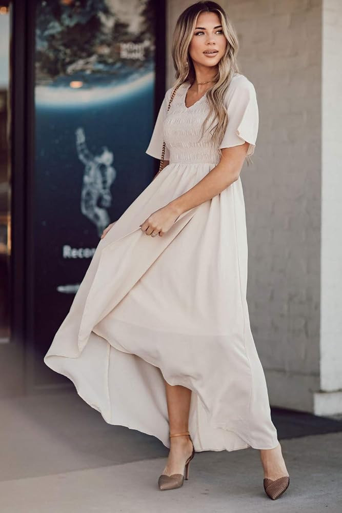 Zattcas Womens 2023 Smocked Maxi Dress Short Sleeve Vneck Casual Summer High Low Flowy Long Dress | Amazon (US)