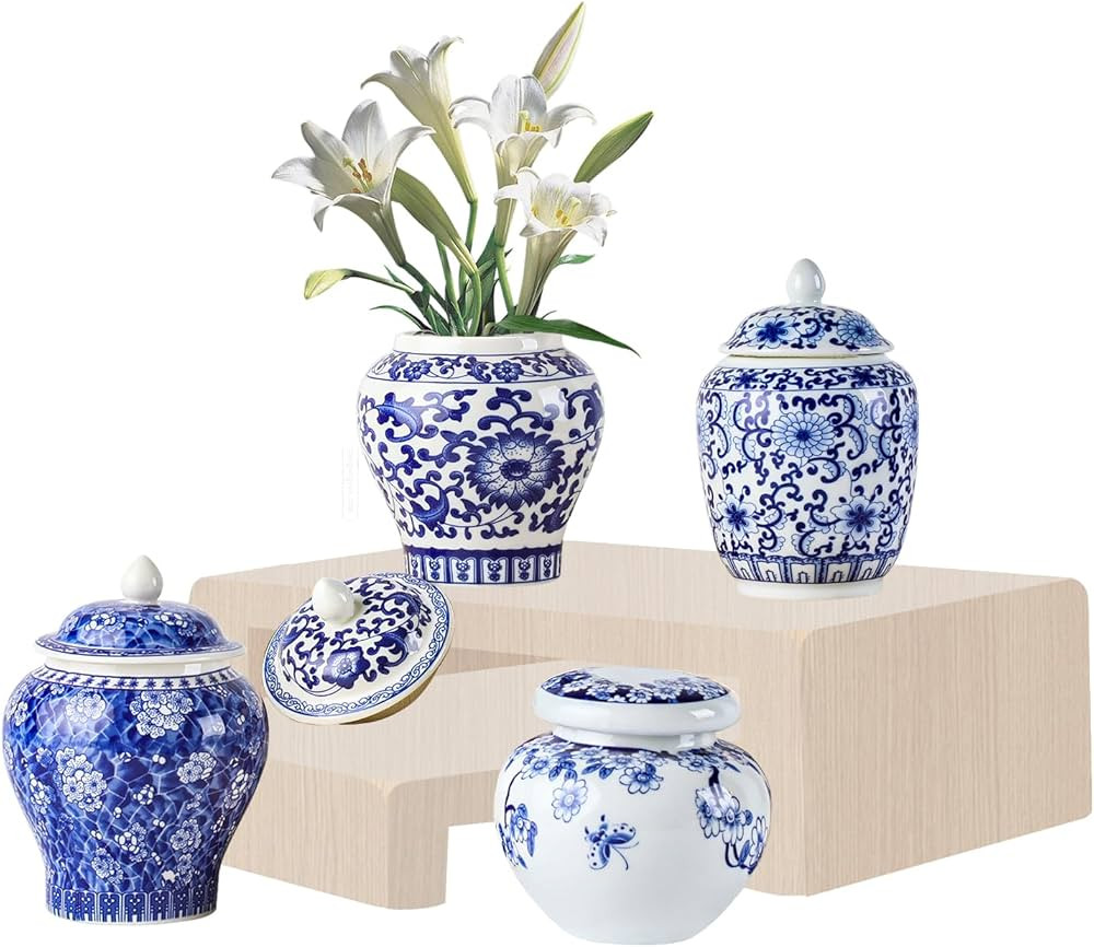 Set of 4 Small Blue and White Vintage Vase Porcelain Ginger Jars Mini Chinoiserie Vase for Home B... | Amazon (US)