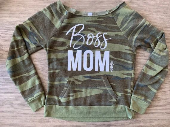 JANUARY PREORDER! Boss Mom Camo Off-The-Shoulder Sweatshirt | BitsofBri by Brianna K YouTube Merch | | Etsy (US)