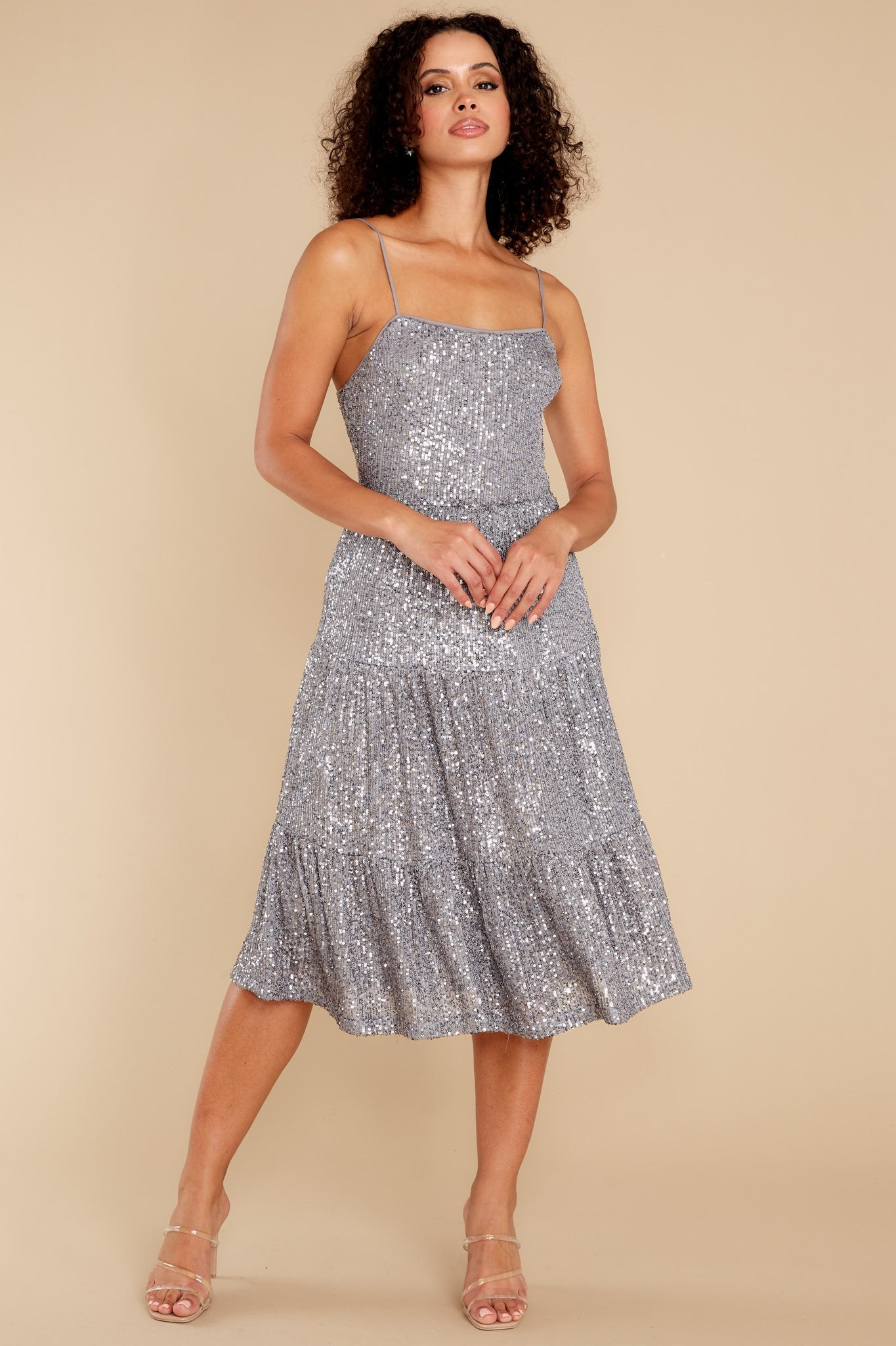 Aura Timeless Favorite Silver Sequin Midi Dress | Red Dress 
