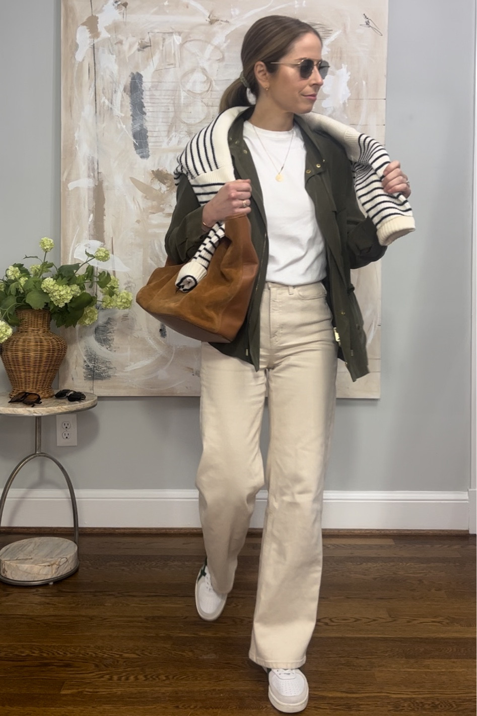 Casual outfit
Ecru wide leg jeans AYR
White tshirt
Silk utility jacket olive green club Monaco old
Onitsuka tiger sneakers
Jcrew suede tote old

#LTKtravel #LTKshoecrush #LTKstyletip