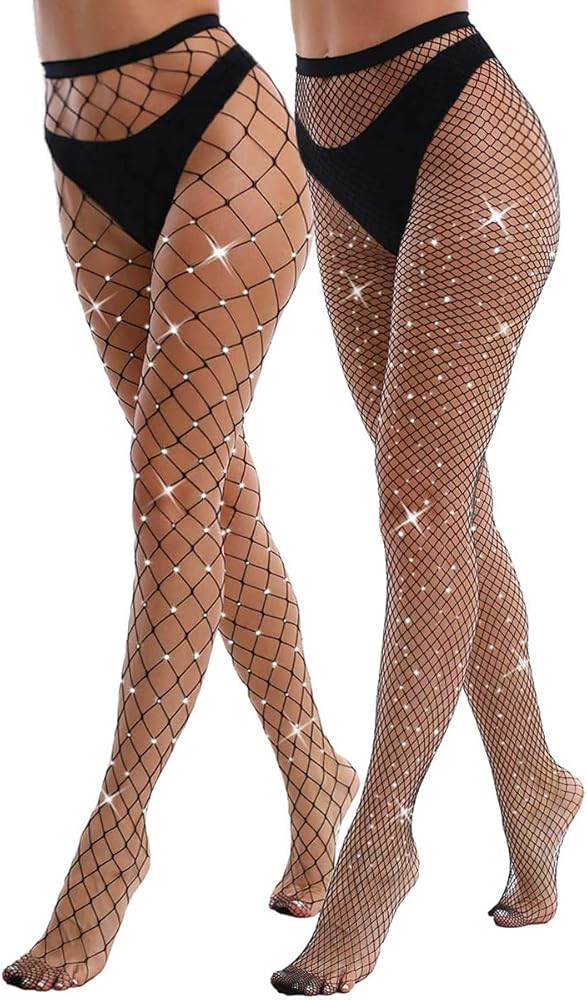 VEBZIN 2 Pack Sparkly Large And Medium Mesh Fishnet Tights For Women Glitter Rhinestone Fishnets ... | Amazon (US)