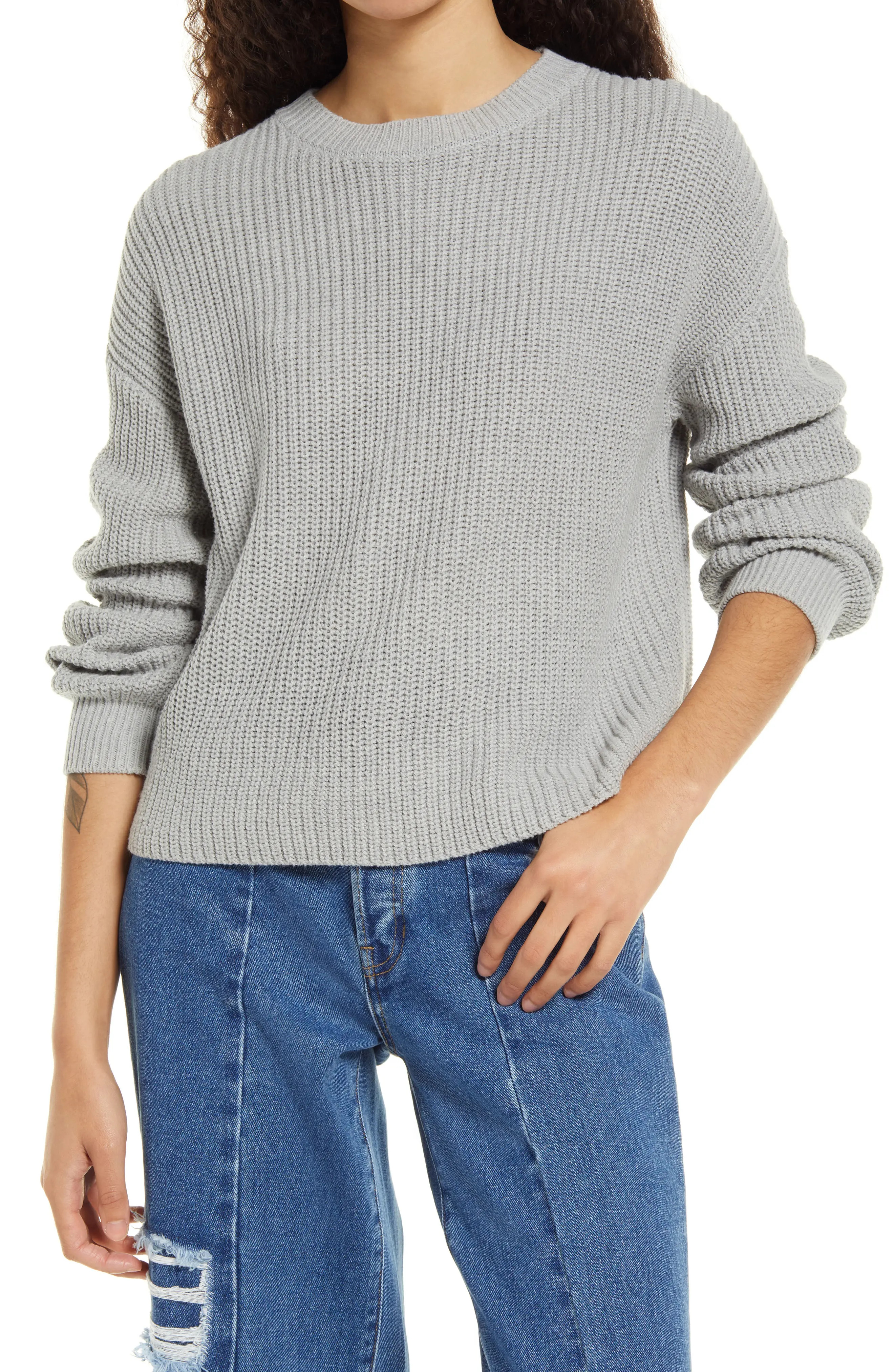 BP. Cleo Crop Crewneck Sweater in Grey Heather at Nordstrom, Size X-Large | Nordstrom