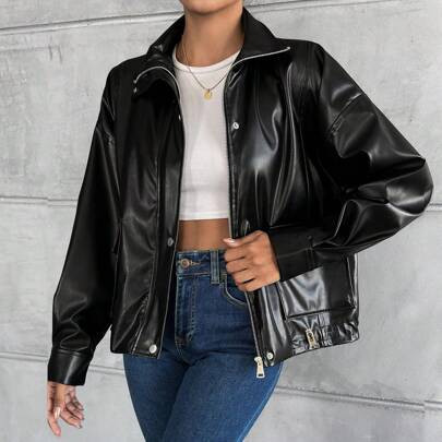 Women's Black Short Motorcycle Style Pu Leather Jacket With Stand Collar And Loose Fit Design | SHEIN