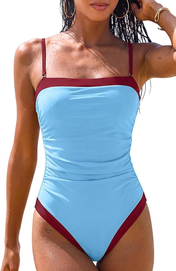 QINSEN Women's One Piece Swimsuit Color Block Tummy Control Bathing Suit Vintage Square Neck Spag... | Amazon (US)